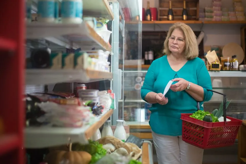 Shopper comparing prices with a list in a grocery store aisle