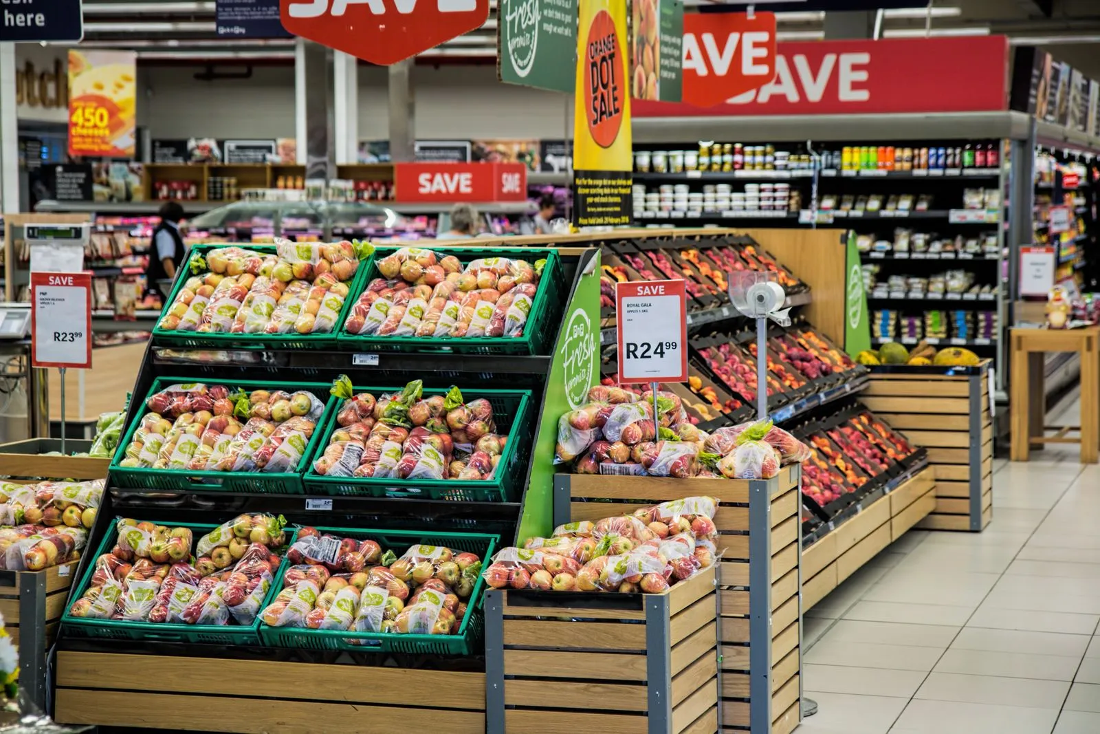 Colorful produce aisle in a grocery store